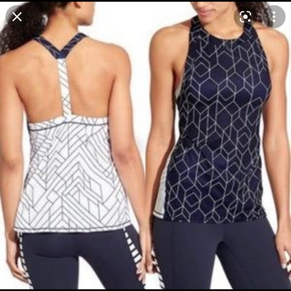 Athleta power chi tank navy/white contrasting front back geometric print. Small.